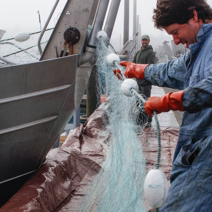 Alaska fisherman collecting net by boat