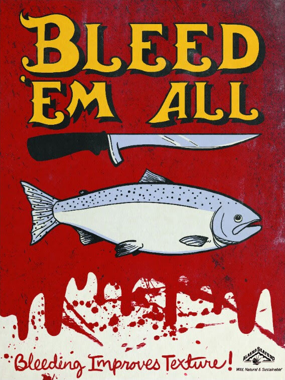 Graphic of salmon with knife and "Bleed 'Em All" text