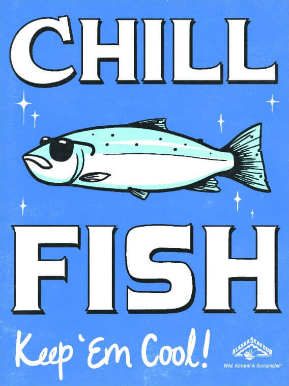 Graphic of salmon with sunglasses and text "chill fish"