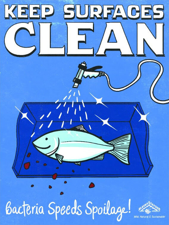 Graphic of hosing spraying Salmon with text "Keep Surfaces Clean"