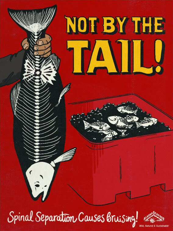 Graphic of salmon held by tail and text "Not by the Tail"