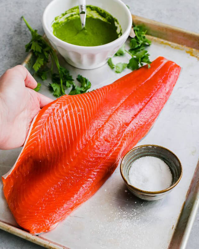 Salmon held up on counter for preparation